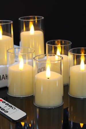 6 Pack Flickering Flameless Votive Candles with Timer and Remote, Battery Operated Long Lasting 300+ Hours, Small Pillar LED Fake Candles for Wedding Home Decor, Acrylic Shell, 2" x 3"