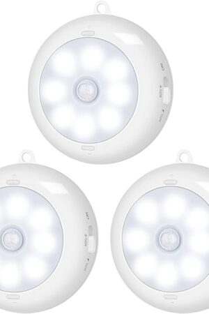 BLS Motion Sensor Light Indoor, LED Night Light Closet Lights, Under Cabinet Battery Powered Ceiling Lights, AA Battery Operated Stick on Wireless Puck Lights for Wall, Step, Stair, Dimmable (3 Pack)