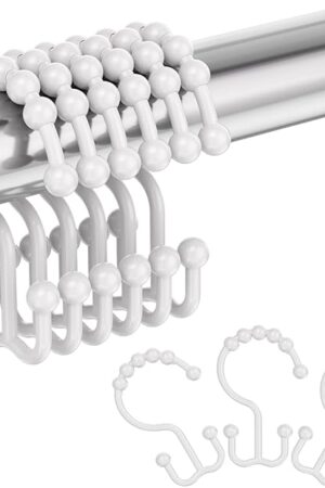 Amazer Plastic Shower Curtain Hooks, Shower Curtain Hooks Rings, Double Shower Curtain Hooks, Shower Hooks for Shower Curtain, White Shower Curtain Hooks for Curtain Liner Bathroom - 12 Pcs