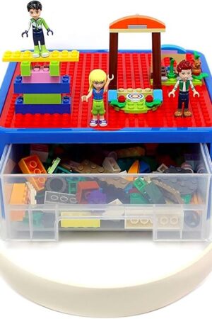 Bins & Things Bin Box Organizer for Small Toys - Travel Toy Set Carry Case with Built-in Lid - Sturdy Storage for Mini Blocks - Portable Toy Storage - Blue and Red