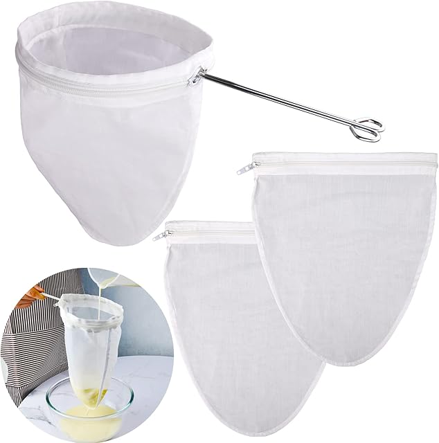 WMKGG Ultra Fine Mesh Strainer Bags, Reusable Mesh Filter Bags with Stainless Steel Handle Frame for Filter NutMilk, Coffee, Milk, Butter, Juices and Fresh Cheese (Small Size)