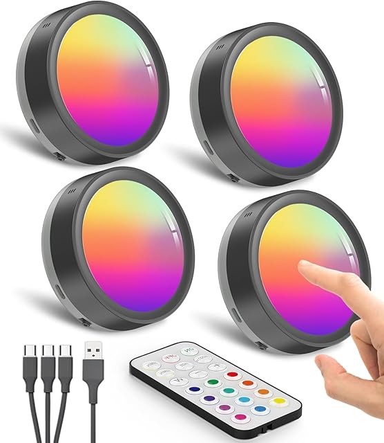 RGB Rechargeable Puck Lights with Remote, 1600mAh Battery Powered Tap Lights Stick On LED Under Cabinet Lighting USB Magnetic Classroom Colored Push Light Closet Touch Light Counter Press Button Lamp