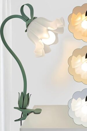 Clip On Light and Flower Bedside Table Lamp, Flexible Gooseneck Reading Book Light with 3 Color Modes, Night Light for Kids Nursery, Clip on for Desk, Bed Headboard, Dorm (Green-02)