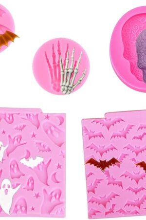 5 Pcs Halloween Cupcake Fondant Molds Silicone Skull Spider Bat Ghost Molds for Halloween Cake Decorating Chocolate Candy Gum Paste Polymer Caly Epoxy Resin Mould