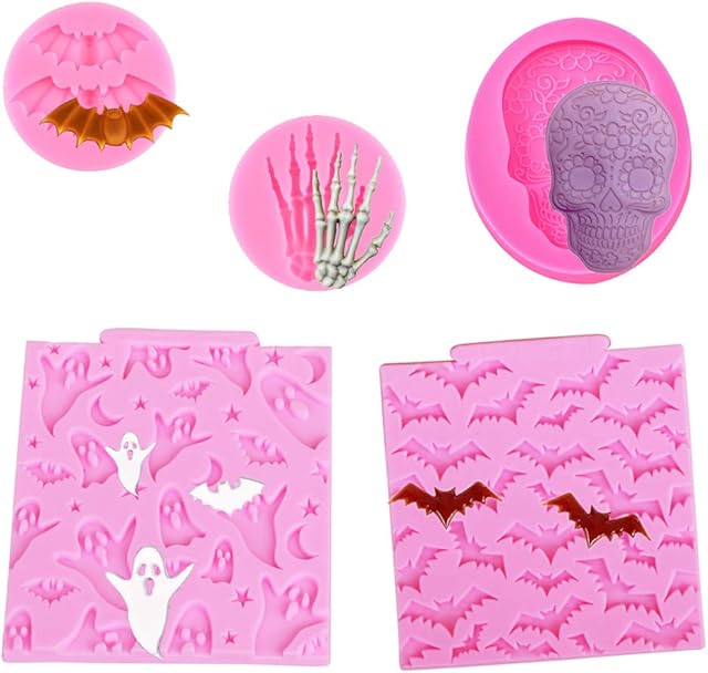 5 Pcs Halloween Cupcake Fondant Molds Silicone Skull Spider Bat Ghost Molds for Halloween Cake Decorating Chocolate Candy Gum Paste Polymer Caly Epoxy Resin Mould