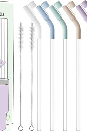 Doboli 6 Pack Reusable Drinking Long Straws with Silicone Tips,Compatible with Stanley 40 oz 30 oz Cup Tumbler,6 Clear Plastic Straws, 6 Silicone Tips, 2 Straw Cleaning Brush