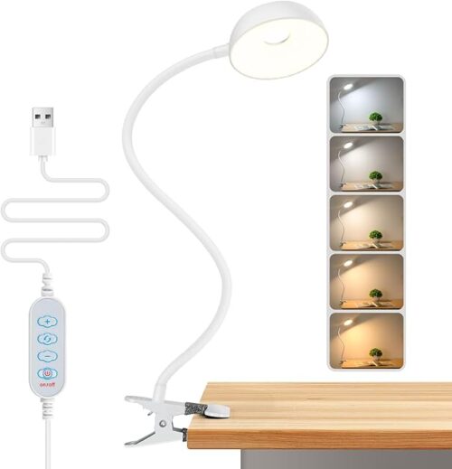 ?Clip on Lamp】 10-Level Dimming & 5 Color Modes LED Book Light, Flexible Gooseneck Reading Light for Beds, Desks, Headboards - Eye-Friendly Night Light for Kids/Adults (White)