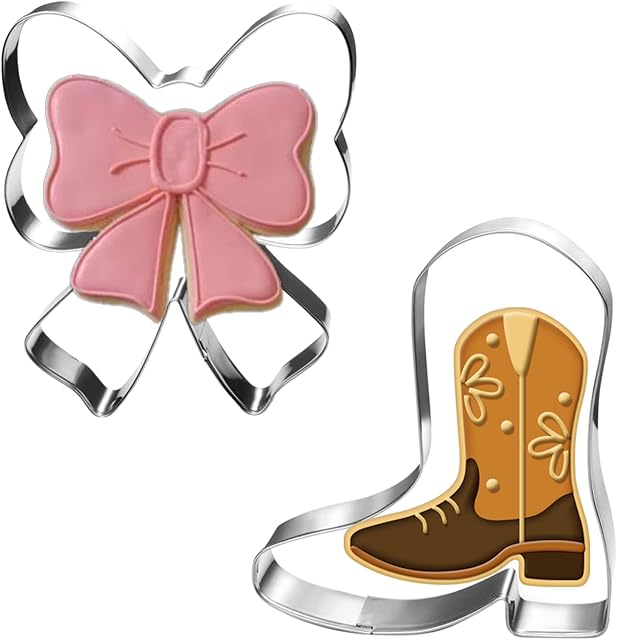 Boot and Bow Cookie Cutter Set-2 Piece-3.6" 3.78"-Dishwasher Safe - Metal Cookie Cutter for Baking - Perfect for Boot or Bow Gender Reveal Baby Shower, Birthday, Wedding