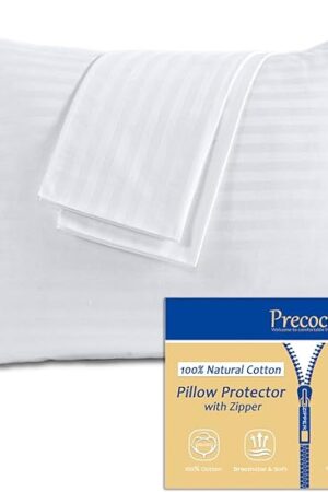 100% Cotton Pillow Protectors with Zipper Standard Size, White Pillow Cases Set of 2 for Home & Hotel, Sateen Soft Cooling Hidden Zippered Pillow Case Protector for Hair & Skin, 20x26 in
