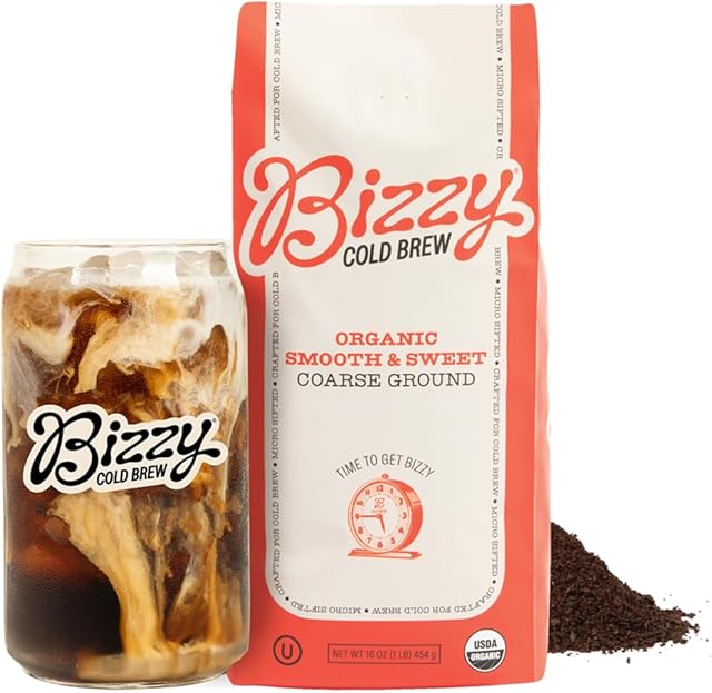 Bizzy Organic Cold Brew Coffee | Smooth & Sweet Blend | Coarse Ground Coffee | Micro Sifted | Specialty Grade | 100% Arabica | 1 LB