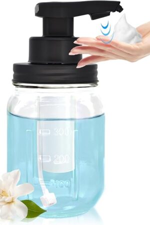 12 oz Automatic Touchless Foam Glass Soap Dispenser, Rechargeable Hands Free Liquid Mason Jar Soap Dispenser with Electric Sensor Pump, Refillable Lotion Bottle for Bathroom Kitchen Countertop