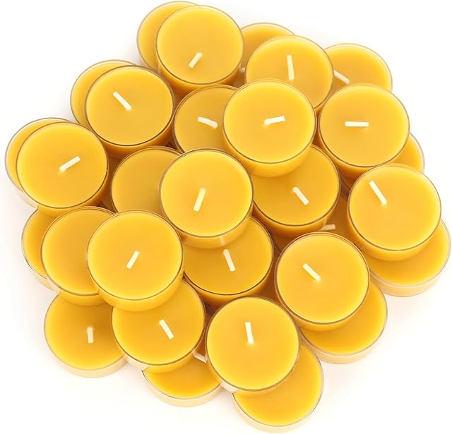 36 Packs Beeswax Tealight Candles- 4 Hour Burn Time Pure Beeswax Candles Burn Evenly and Clean Bees Wax Candles Bulk Smokeless Beeswax Tea Lights for Relaxing Air Purification
