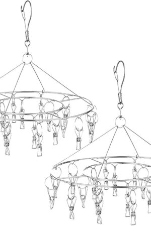CenYouful 2 Pack Stainless Steel Round Hanging Drying Rack with 20 Clips for Drying Socks, Baby Clothes, Bras, Towel, Underwear, Hat, Scarf, Pants, Gloves