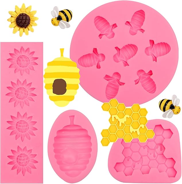 4 Pcs Bumble Bee Silicone Mold Honeycomb Sunflower Fondant Molds Beehive Silicone Baking Mold Bee Fondant Molds for Cupcake Cake Decorating Sugar Chocolate Candy Crafting Party Wedding Crafts Resin