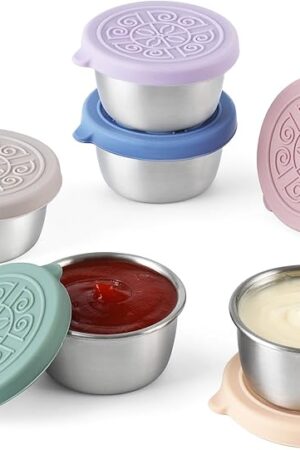 VITEVER [6 Pack] Salad Dressing Container To Go, 1.6 oz Small Condiment Containers with Lids, Reusable Stainless Steel Sauce Cups , Leakproof Silicone Lids for Lunch Bento Box, Picnic and Travel