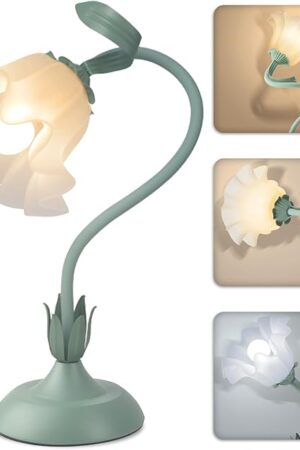 Women Bedside Table Lamps for Bedroom, Cute Flower Desk Lamp with Adjustable Flexible Gooseneck, 3 Color Temperatures Nightstand Lamp with E26 LED Bulbs, Floral Lamp for Living Room, Office,Reading
