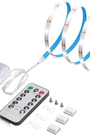 Battery Powered Strip Lights White with Remote, 3.3FT Led Strip Light with 8 Modes, Dimmable, Timer, Self-Adhesive, Cuttable, Waterproof