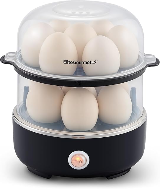 Elite Gourmet EGC1215B Easy Egg Cooker, Stainless-steel Heating Plate, Two-Tiered, 14-Egg Capacity, Soft, Medium, Hard-Boiled, Auto Shut-Off, Omelets, Poached Eggs, Measuring Cup, Piercing Pin, Black