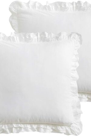 2 Pack White Ruffled Euro Shams Pillow Covers, Washed Cotton 26x26 inches Farmhouse Bed Pillowcases (White, 26x26 inches)