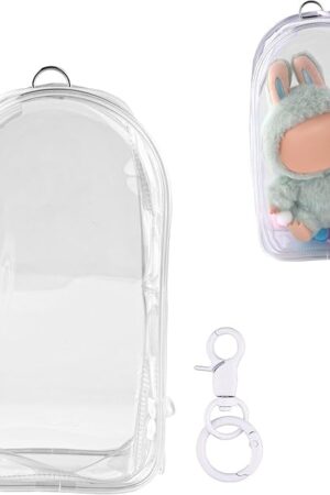 The Protective Case for Dolls, 7.68x4.13in Waterproof Clear Figure Display Case Accessories Plastic PVC Material Plush Protective Bag Cover with Pompoms Keychain Pouch Display Storage Box for Doll