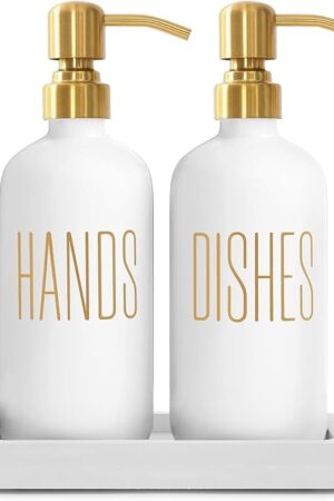 White Soap Dispenser Set, Contains Dish and Hand Soap Dispenser, Perfect for Kitchen Counter Decor. (White)