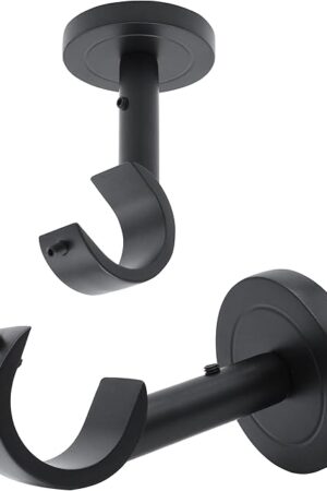 Curtain Rod Holders for Wall, 2 Pack Ceiling Mount Bracket Set, Hardware Bracket Kit for 1 Inch Rods, Wall and Ceiling Installation, Black Finish