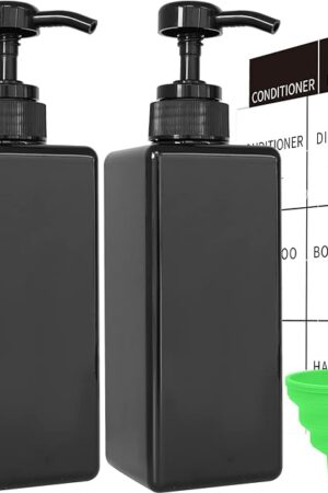 Black Soap Dispenser with Waterproof Labels, Thickened Plastic Hand Soap Dispenser for Bathroom, Kitchen Dish Washing Liquid Bottles, Shampoo and Conditioner Bottles with Funnel (16oz 2Pack Black)