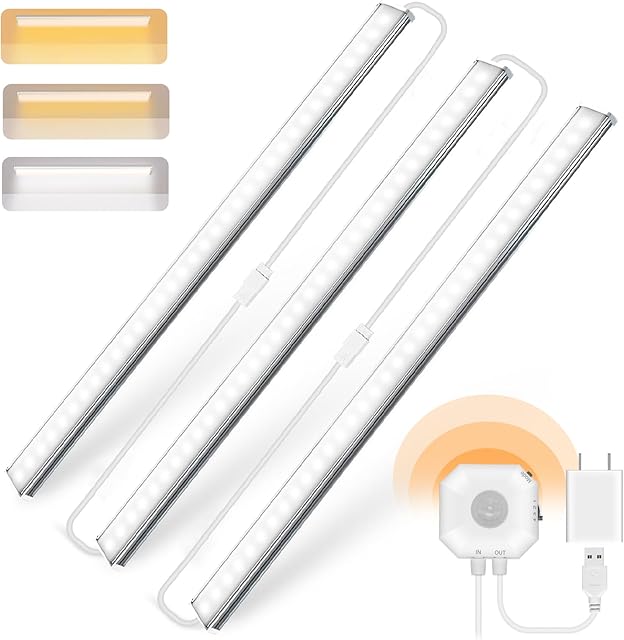 Daymeet Under Cabinet Lights Motion Sensor, 12 Inch Under Cabinet Lighting Ultra Thin, Bright 3 Color Adjustable Cabinet Lights, Plug in Led Lights for Cabinet, Counter, Closet,Home(3 Pack)