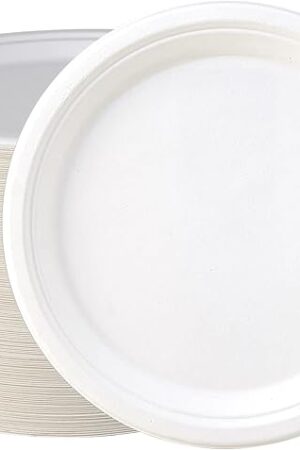 Vplus 150 Pack Compostable Disposable Paper Plates 10.25 inch Super Strong Paper Plates 100% Bagasse Natural Biodegradable Eco-Friendly Sugarcane(white)