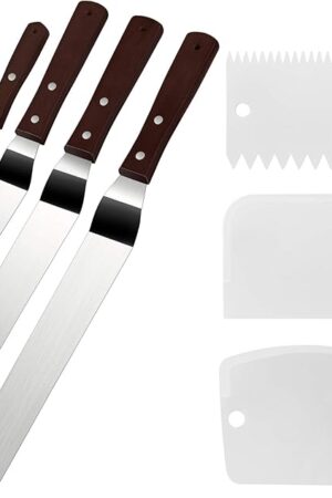 4 Packs Offset Spatula, Stainless Steel Cake Icing Spatula Set 4? 6? 8? 10?with Wooden Handle and 3 Packs Cake Smoother Scraper Set for Cake Decorating, Baking (Angled)