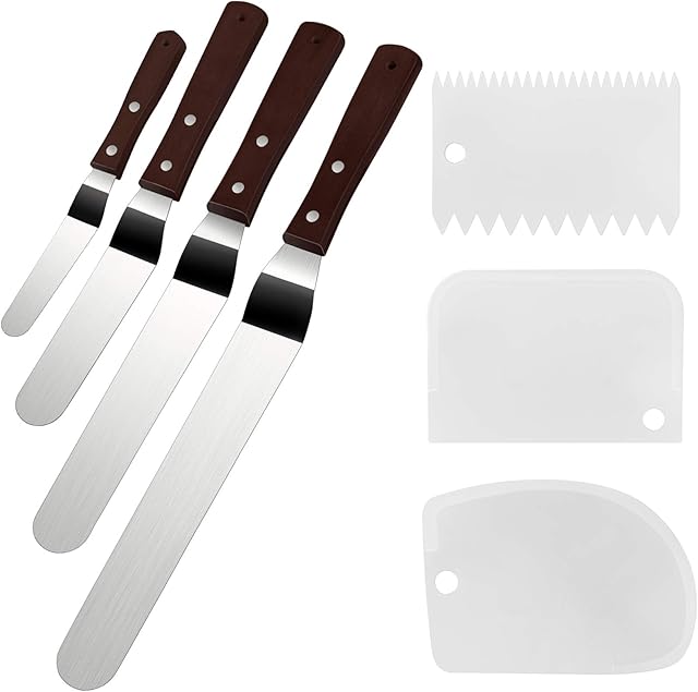 4 Packs Offset Spatula, Stainless Steel Cake Icing Spatula Set 4? 6? 8? 10?with Wooden Handle and 3 Packs Cake Smoother Scraper Set for Cake Decorating, Baking (Angled)