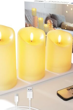 5plots Rechargeable Flameless Candles, Battery Operated LED Candles, Electric Candles with Remote and Timers, Wax-Like Plastic, Ivory, 3Pack, 3" x 4"5" 6", for Home Decor