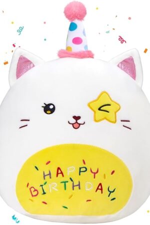 16" Birthday Cat Plush Pillow Stuffed Animals Original Wink Kitty Kitten Large Plushie Cuddle Squishy Happy Birthday Gift for Kids Boys Girls