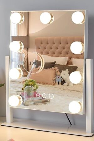 Vanity Mirror with Lights,Lighted Vanity Mirror with 9 Dimmable Bulbs for Dressing Room & Bedroom,3 Color Lighting,Modes Detachable 10x Magnification 360°Ratation(White)