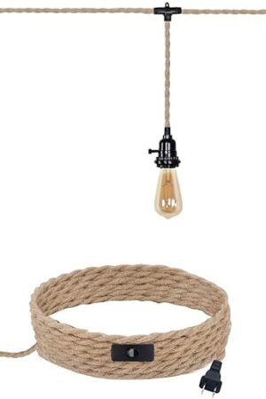 3 Plug-in Pendant Lights Kit - Hemp Rope Cord with Switch, 22 Ft Length, DIY Farmhouse Hanging Lighting Fixture