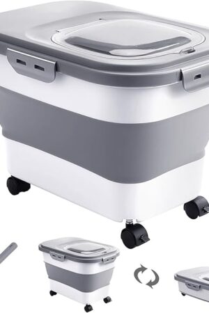 20-30 Lbs Rice Storage Container,Collapsible Food Storage Containers with Rolling Wheel Airtight Locking Lid,Flour Storage Container with Cup and Scoop,Suitable for Food,Rice,Pet Food,Flour