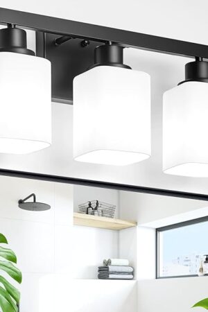3-Light Bathroom Vanity Light,Modern Matte Black Bathroom Light Fixtures with Square Frosted Glass,Wall Sconces Lighting fixtures Over Mirror Restroom, Living Room Hallway