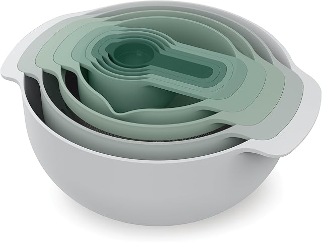 Joseph Joseph Nest 9 Plus, 9 Piece Compact Food Preparation Set with Mixing Bowls, Measuring cups, Sieve and Colander, Editions Range, Sage Green