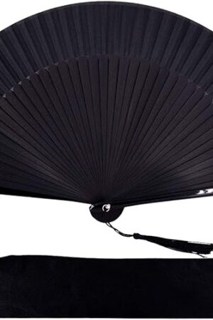 Amajiji 8.27"(21cm) Hand Held Bamboo Silk Folding Fan Hand Fan,Chinese/Japanese Charming Elegant Vintage Retro Style,Women Ladys Girls Best Gifts (Black)
