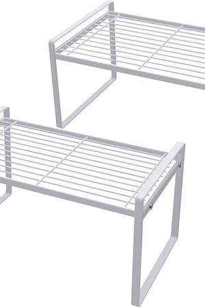 2 Pack Kitchen Cabinet Shelf Counter Organizer Rack Pantry Storage Bathroom Bedroom Office Table Desk Space Saving Steel Frame Stackable Rust Resistant Non Slip White