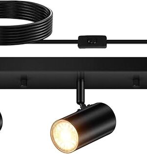 3 Light Track Lighting Kit,Black 3 Way Modern Plug in Ceiling Spotlight,Industrial LED Wall Light for Kitchen Cabinet Gallery Bar Hallway Living Room,Rocker Switch,15 Foot Cord(No Bulb)