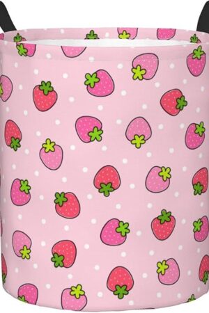 Dujiea Pink Strawberry Laundry Basket Round with Handle, Collapsible Foldable Canvas Storage Bin Dirty Clothes Bag for Laundry/Toys Organizer/College Dorm/Nursery/Decor(2 Sizes)