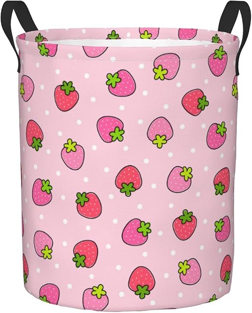 Dujiea Pink Strawberry Laundry Basket Round with Handle, Collapsible Foldable Canvas Storage Bin Dirty Clothes Bag for Laundry/Toys Organizer/College Dorm/Nursery/Decor(2 Sizes)