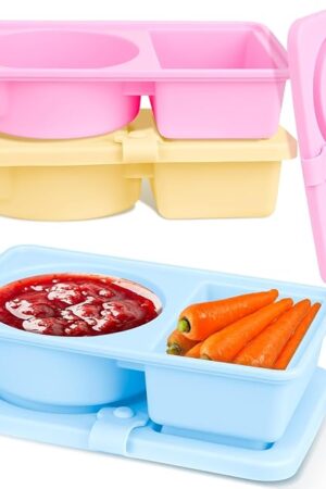 3 Pack Silicone Reusable Snack Containers with Lids, Double Compartment Snackle Box Containers, Salad Dressing Sauce Seasoning Container, Small Mini Food Snack Boxs for Travel, Office, Picnic