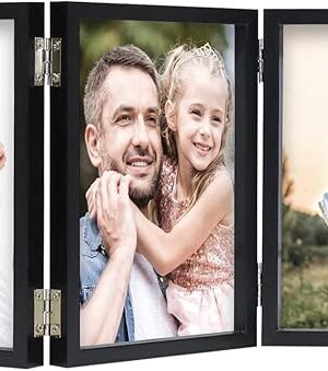 3 Picture Frame 4x6 Black Triple Hinged MDF Wood with Glass Front Three Opening Photo Frame Stand Vertical on Tabletop