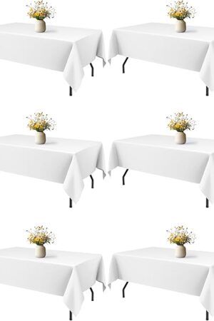 White Fabric Rectangle Table Cloth - 6 Pack, 60" × 84" Washable Tablecloth for 5FT Tables, Wrinkle-Resistant & Heat-Proof Table Cover for Weddings, Dinners & Parties