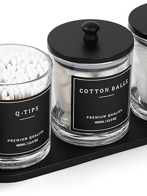 3 Pack Qtip Holder - Bathroom Organizers and Storage, Cotton Round Pad Holder Swab Dispenser Floss Pick Holder with Tray, Glass Apothecary Jars with Lids, Cotton Ball Container - Clear Bk