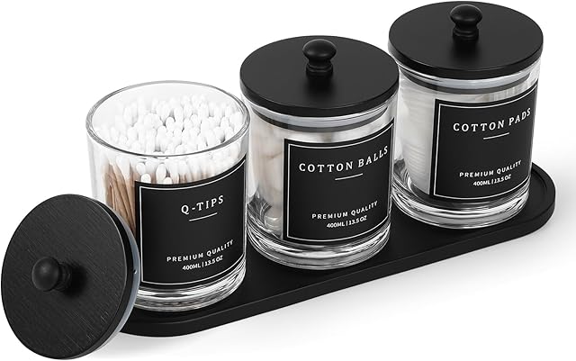 3 Pack Qtip Holder - Bathroom Organizers and Storage, Cotton Round Pad Holder Swab Dispenser Floss Pick Holder with Tray, Glass Apothecary Jars with Lids, Cotton Ball Container - Clear Bk