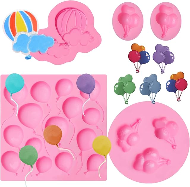 Balloon Chocolate Mold Silicone, 4 Packs Hot Air Balloon Fondant Mould for Birthday Party Cake Decoration, Cupcake Toppers, for Baby Shower Party Candy