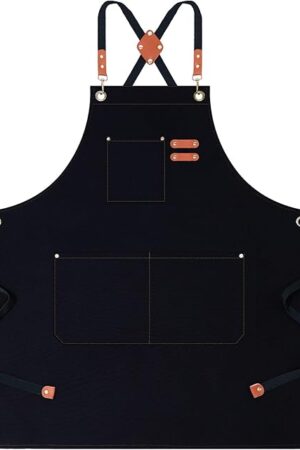 AFUN Chef Aprons for Women Men with Large Pockets, Cotton Canvas Cross Back Water Repellent Work Apron, Size M to XXL (Black)